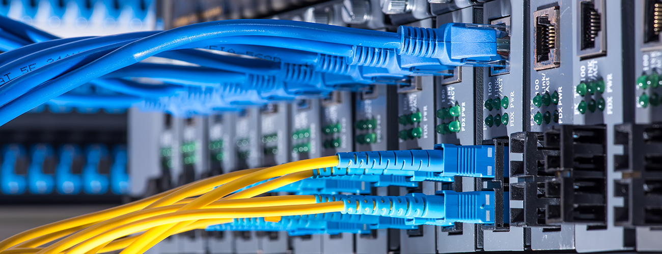 Fiber Optic cables connected to an optic ports and Network cable